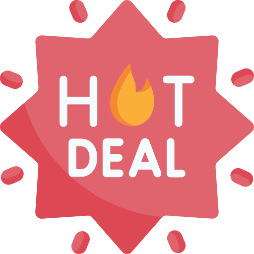 Graphic with a pink starburst background displaying the text 'HOT DEAL' and a flame icon, indicating a promotional offer.