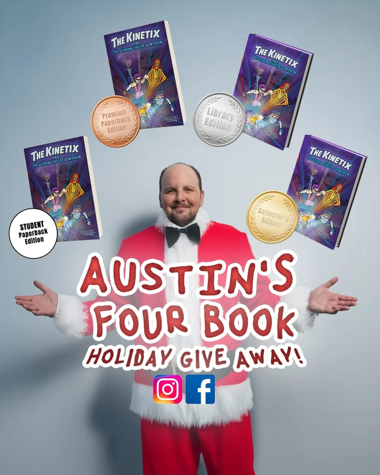 🎉 AUSTIN&rsquo;S 4-BOOK HOLIDAY GIVEAWAY🎉
We&rsquo;re giving away FOUR different editions of The Kinetix and the Glowing Orb of Gorthon &mdash; one winner per day from Dec 25&ndash;28!

Want in? It&rsquo;s super simple:

✨ HOW TO ENTER
	&bull;	Like