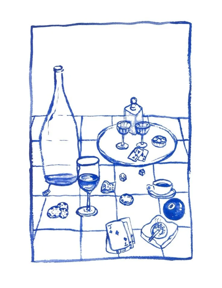 Blue line drawing of a table with various items: a large bottle, a wine glass, a plate with three glasses and a card, a bowl of chips, a cup of coffee, a small ball, a deck of cards, two dice, and a pizza slice.