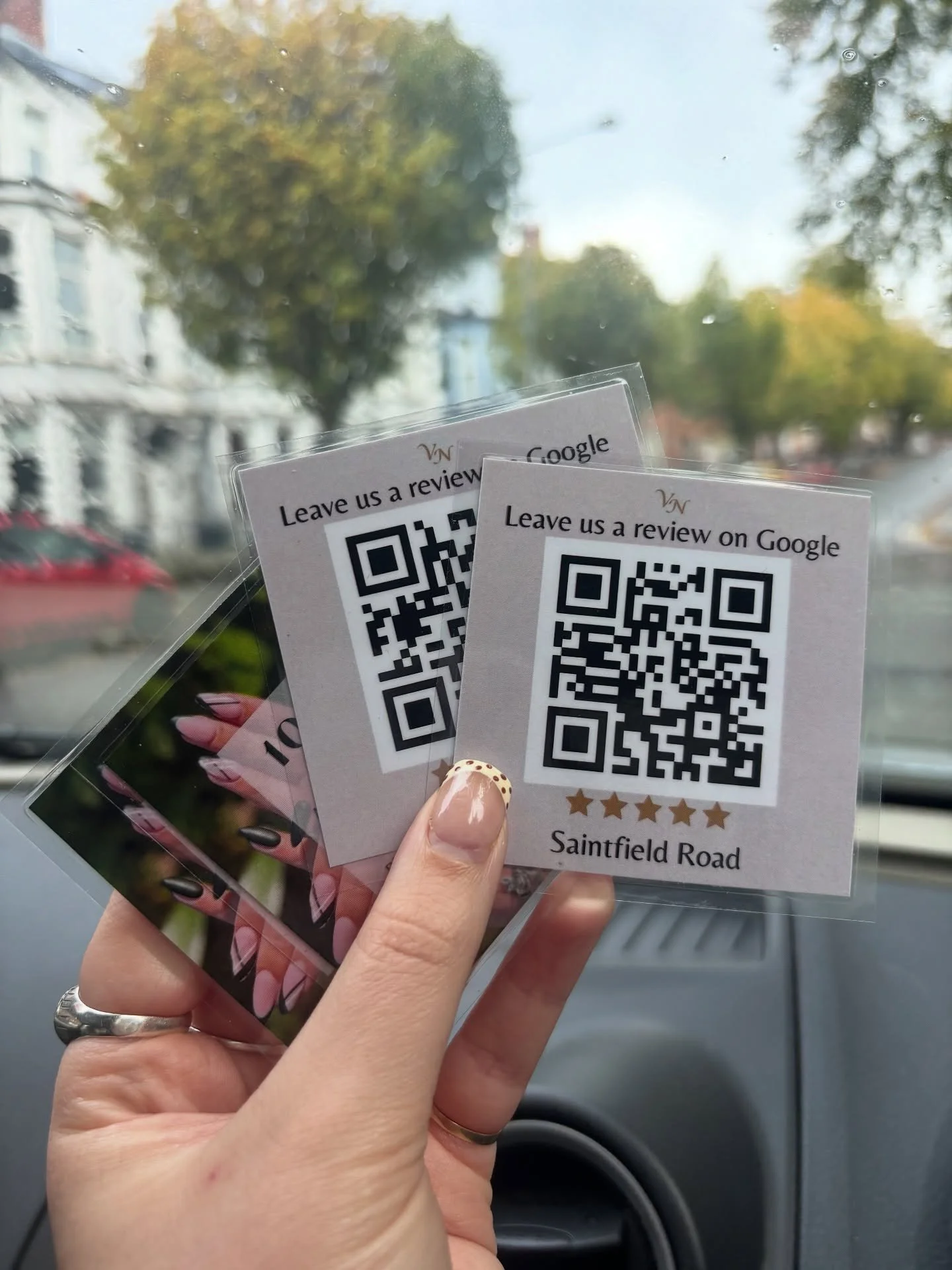 A quick run to the printers to then @vn_nailandspa_ni to drop these off 🫶🏼 These are to go just at their tills at the salons to get more of their clients to leave reviews and to remember the fantastic deal that they have for students and blue light