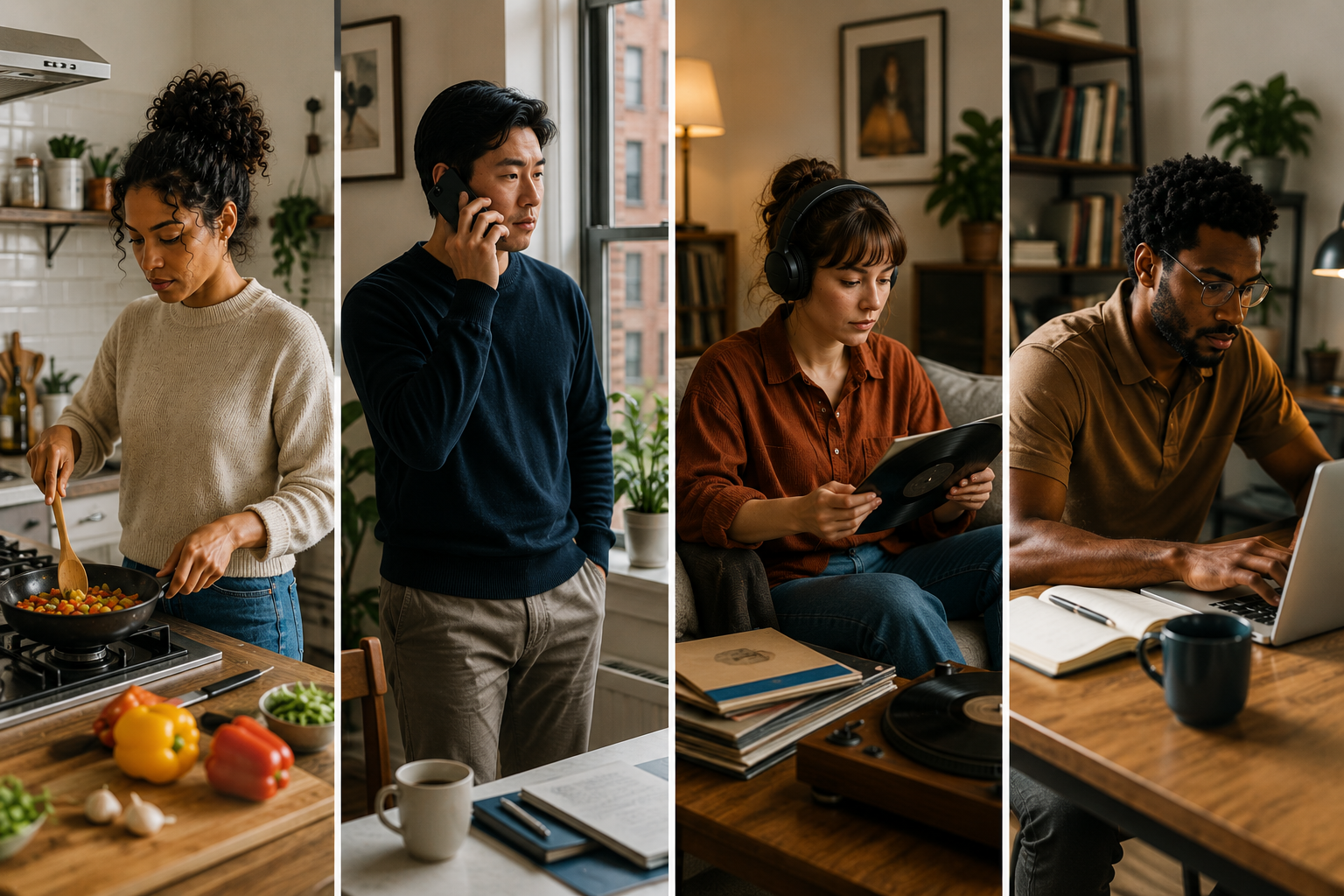 Four people doing everyday activities