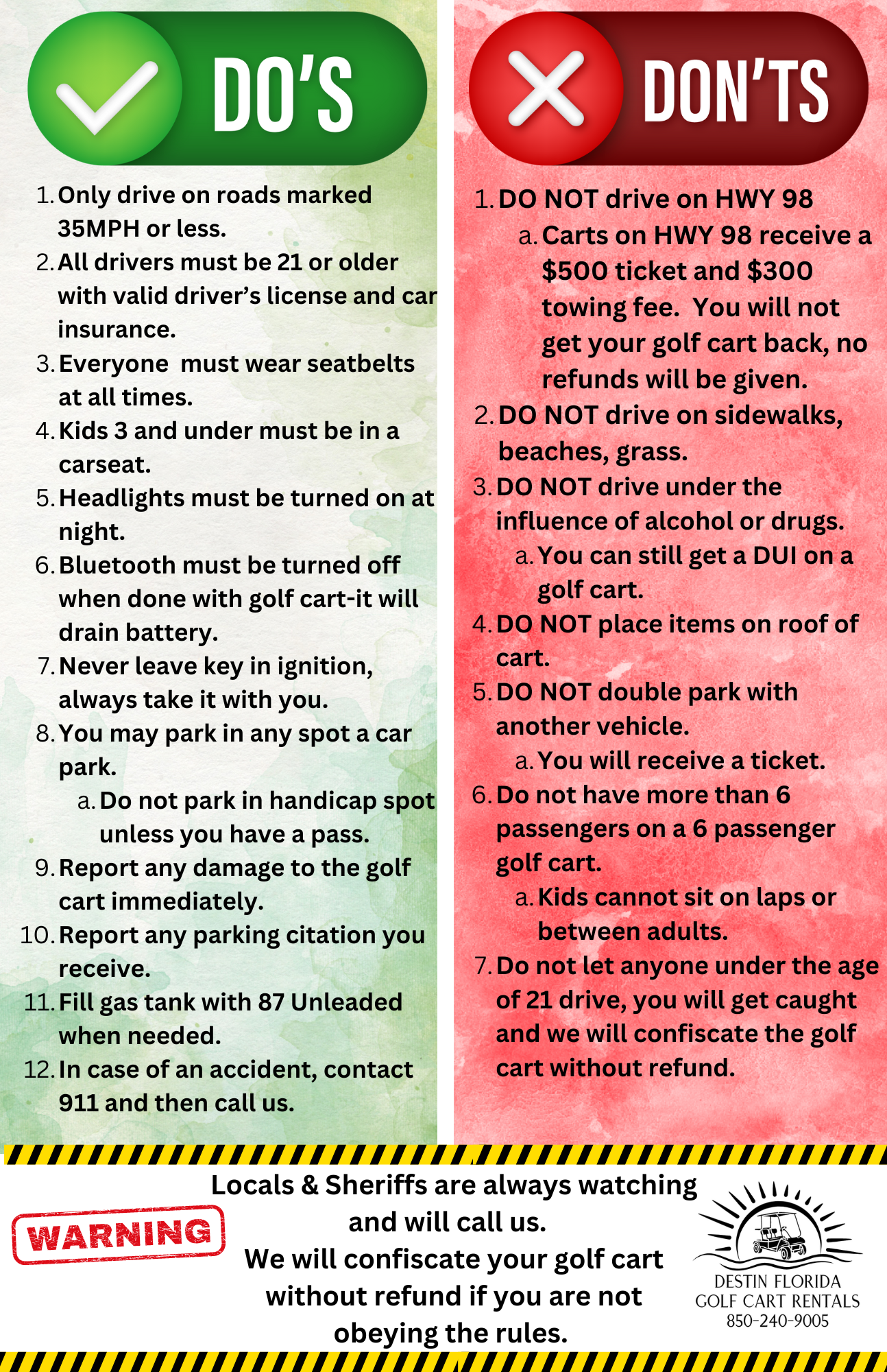 List of golf cart rules divided into do's and don'ts, with warnings and contact information at bottom.
