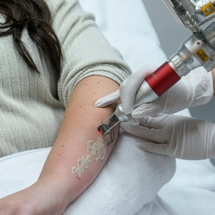 Tattoo removal procedure on a person's arm using a laser device in a medical setting.