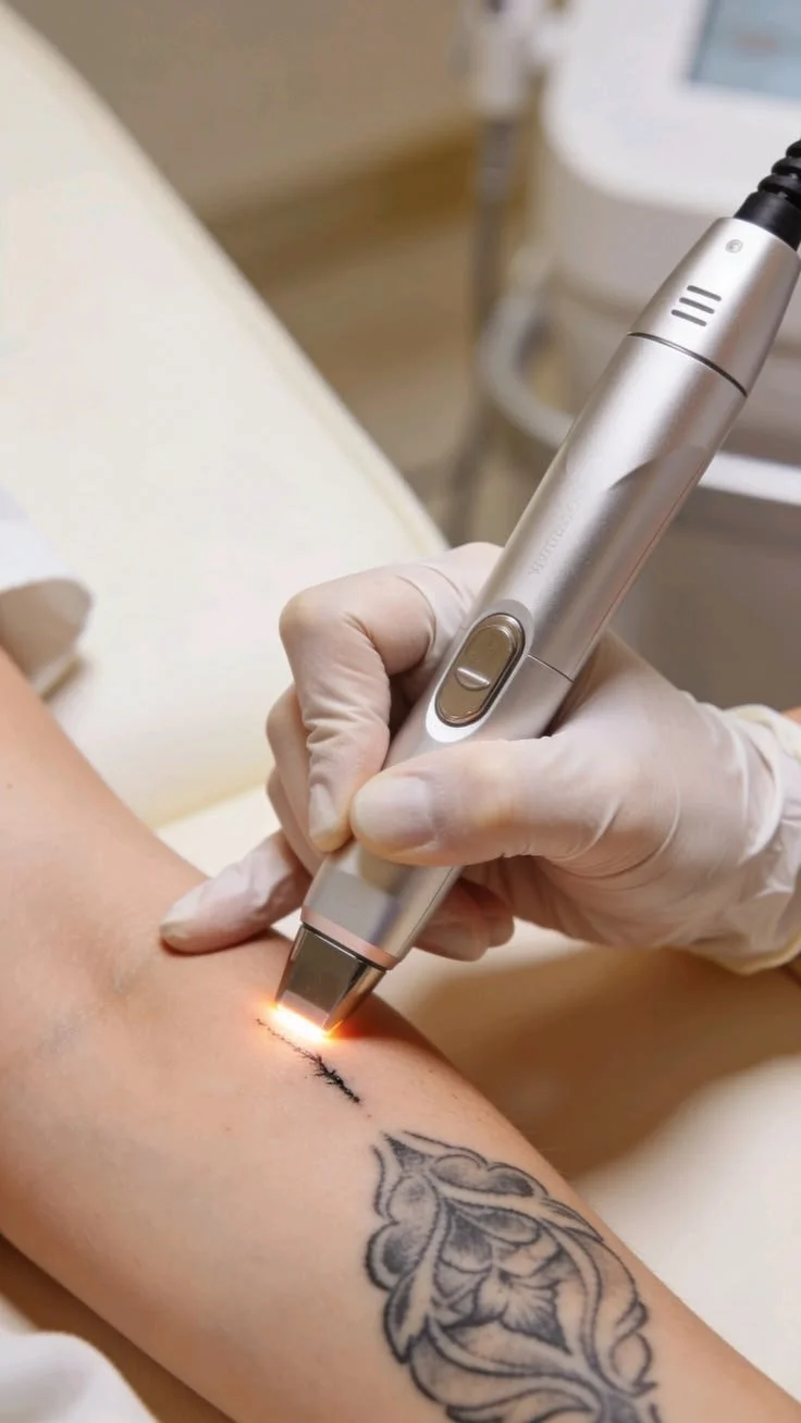 A person wearing a white glove is using a laser tattoo removal device on a person's forearm with a tattoo. The device emits a small orange light on the skin.