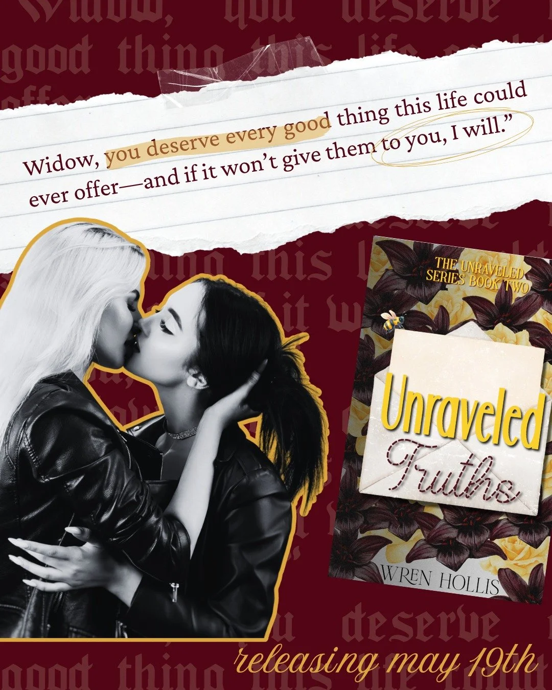 To be loved like this &mdash; completely, fiercely, without hesitation. Stella's story isn't over yet. 

Unraveled Truths, May 19th. 🖤

What to expect:
🕷️Sapphic Romance
💛Childhood Enemies to Lovers
🕷️Black Cat FMC
💛 Morally Grey FMC
🕷️Wife x M