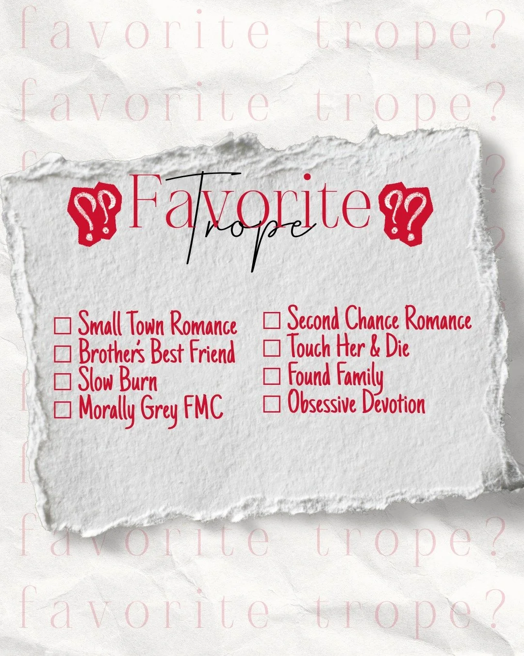 You can only pick 3.

And yes, I&rsquo;m judging your answers a little bit. 👀

#romancereader #romancetropes #contemporaryromance #booklover #spicyromance