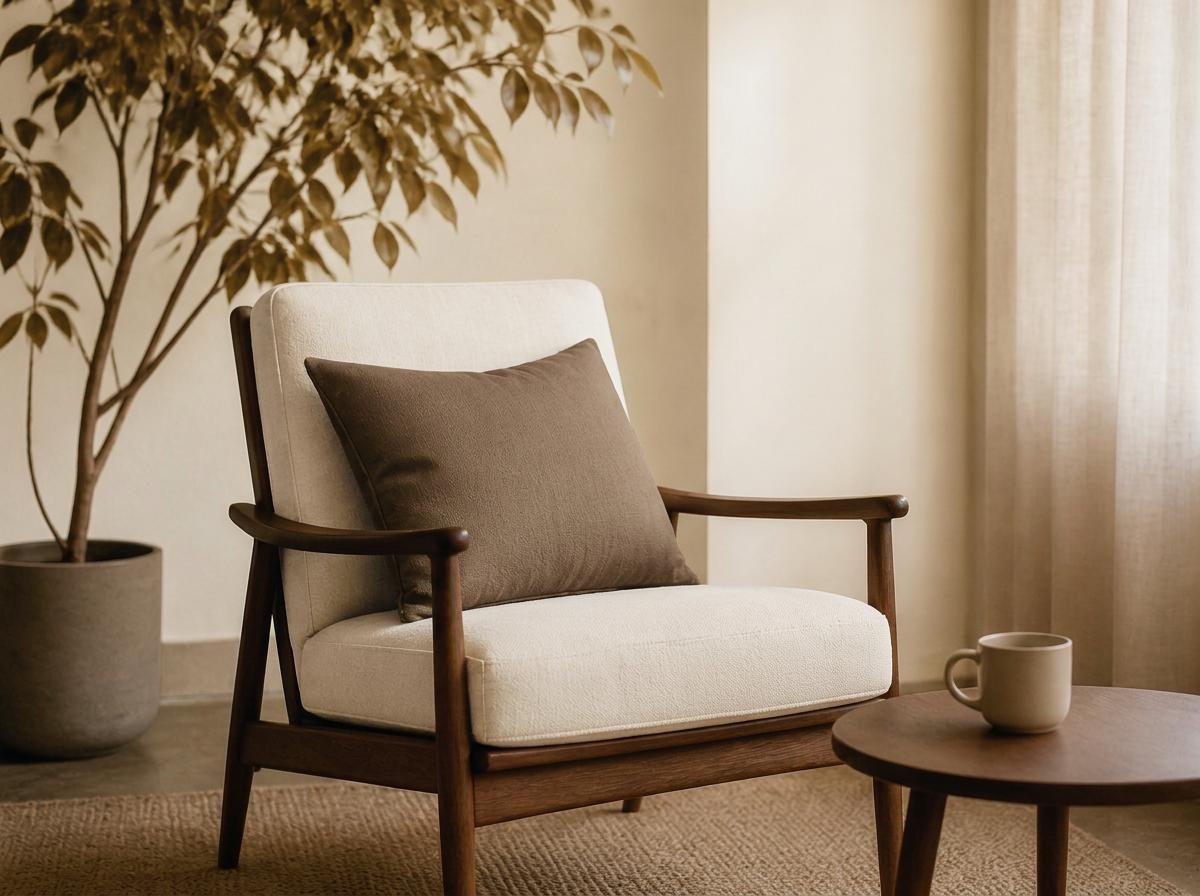 A cozy living room corner featuring a cream-colored armchair with wooden armrests, a brown pillow, a small round wooden coffee table with a beige mug, a large potted plant with green leaves, and beige curtains letting in soft natural light.