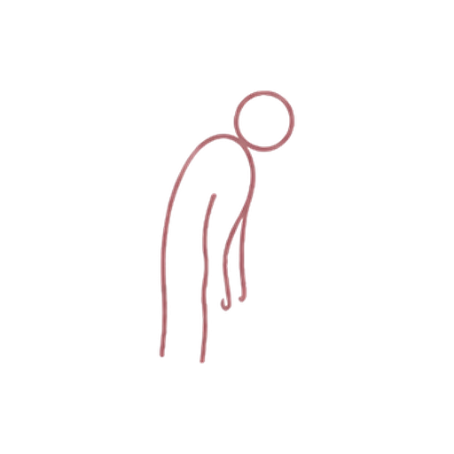 Simple line drawing of a person with their head bowed and arms hanging down.