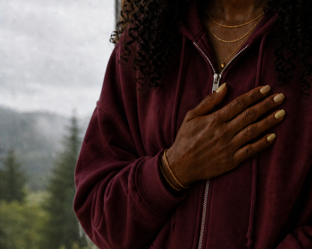 A woman with brown skin and curly hair wearing a maroon hoodie, gold necklaces, and a gold bracelet, with her hand over her heart.