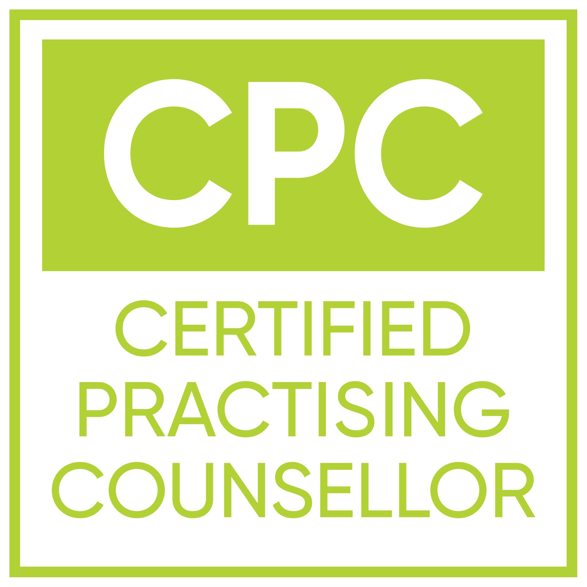 CPC Certified Practising Counsellor logo with green and black background and white and green text
