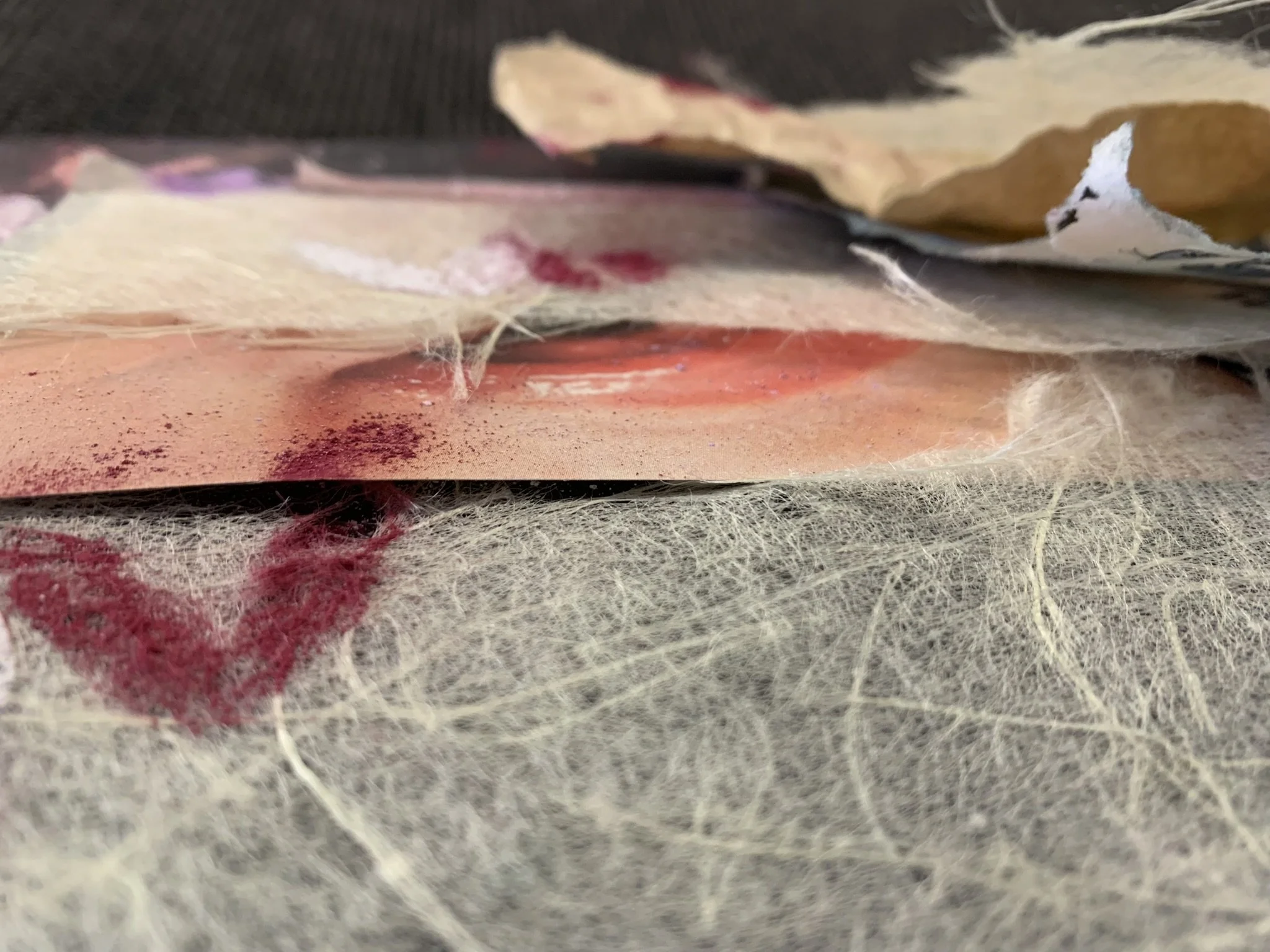 Close-up of crumpled paper tissues with bloodstains and photocopied parts of a person's face, including lips and skin.