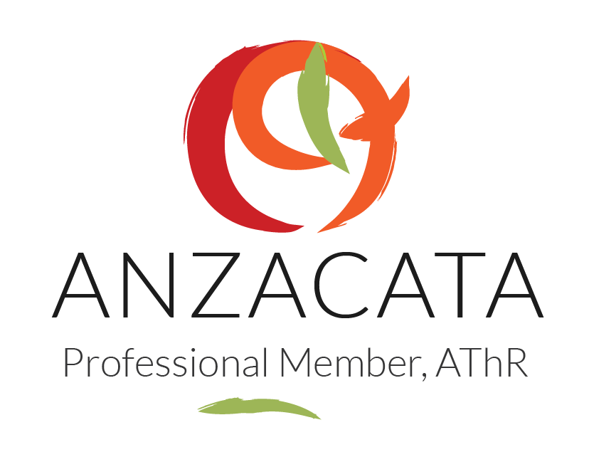 Logo with stylized red, orange, and green design around a fish, and text "ANZACATA Professional Member, AThR" underneath.