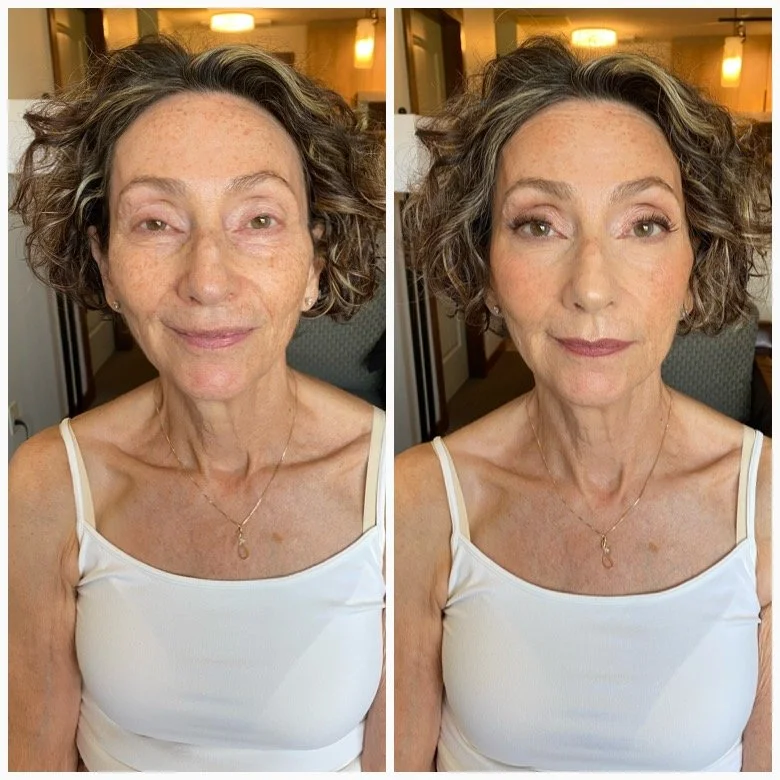 Comparison of a woman before and after makeup and skincare, showing improved skin tone, makeup, and hairstyle in the after photo.