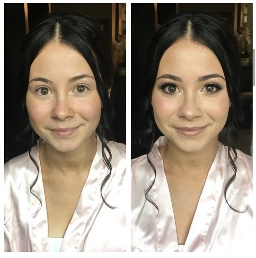 Side-by-side comparison of a woman before and after makeup application, showing a transformation from natural face to a glam look with makeup, dark hair, and a satin robe.