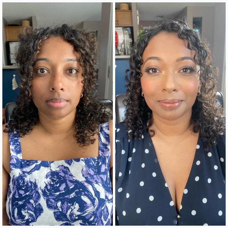 Side-by-side photos of a woman before and after makeup and hairstyling. In the before photo, her hair is curly and natural, and she is wearing a blue and white floral top. In the after photo, her hair remains curly but styled more polished, and she has makeup on, wearing a navy blue polka dot top with a V-neck.