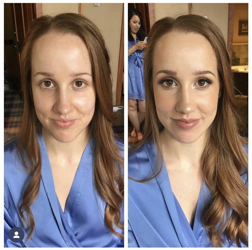 Side-by-side comparison of a woman before and after makeup application. On the left, she has no makeup, and on the right, she is wearing makeup with well-defined eyes, eyebrows, and lipstick, smiling slightly in both images.