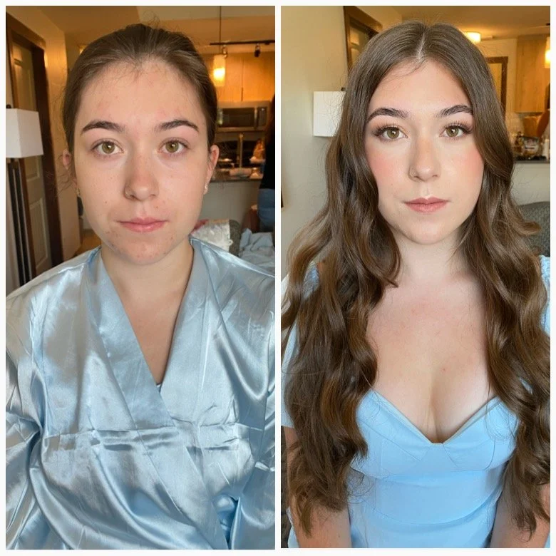 Before and after photos of a young woman showing her makeup and hair transformation. In the 'before' photo, she has no makeup and her hair is pulled back. In the 'after' photo, she has makeup applied, including foundation, eye makeup, and lipstick, and her hair is styled in loose curls.
