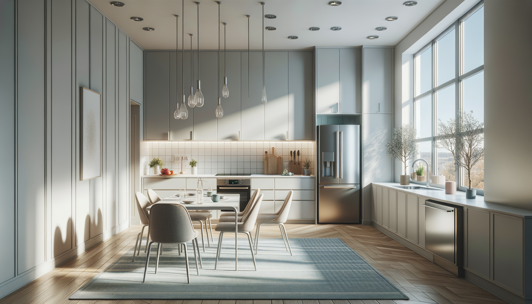 Modern kitchen with beige cabinets, a white countertop, and large windows with sunlight. There is a dining table with six chairs, potted plants, and decorative items.