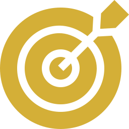 Gold and black target with an arrow hitting the bullseye.