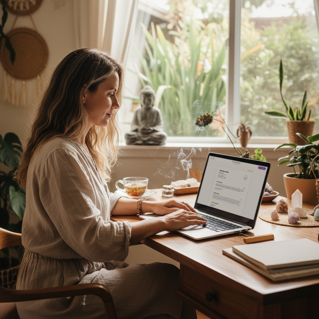 A woman sitting at a wooden desk working on a laptop working in ReikiFlow in a cozy, plant-filled room with sunlight coming through a window.