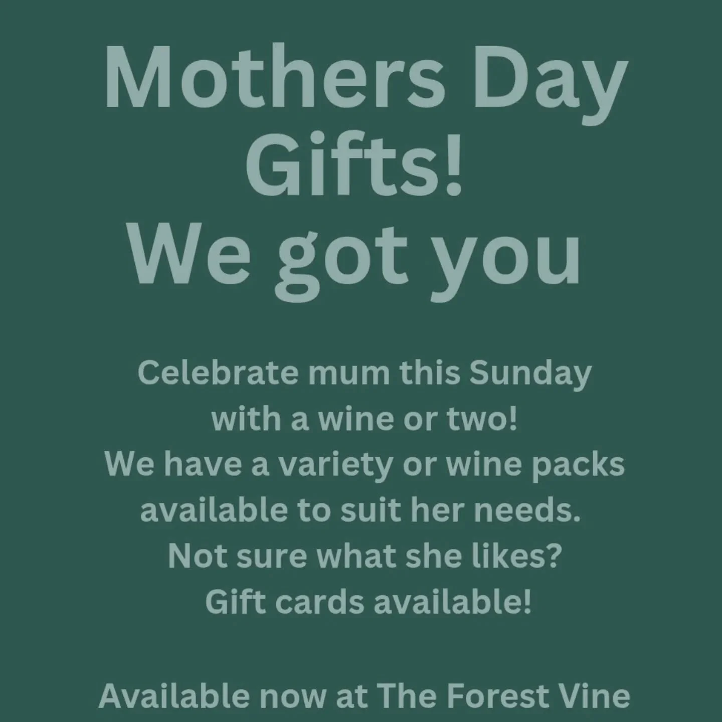 Order now! Deliveries all week to get your mum that bottle of wine! We have something she likes!
.
.
#theforestvine #mothersday #wine #gift #celebrate