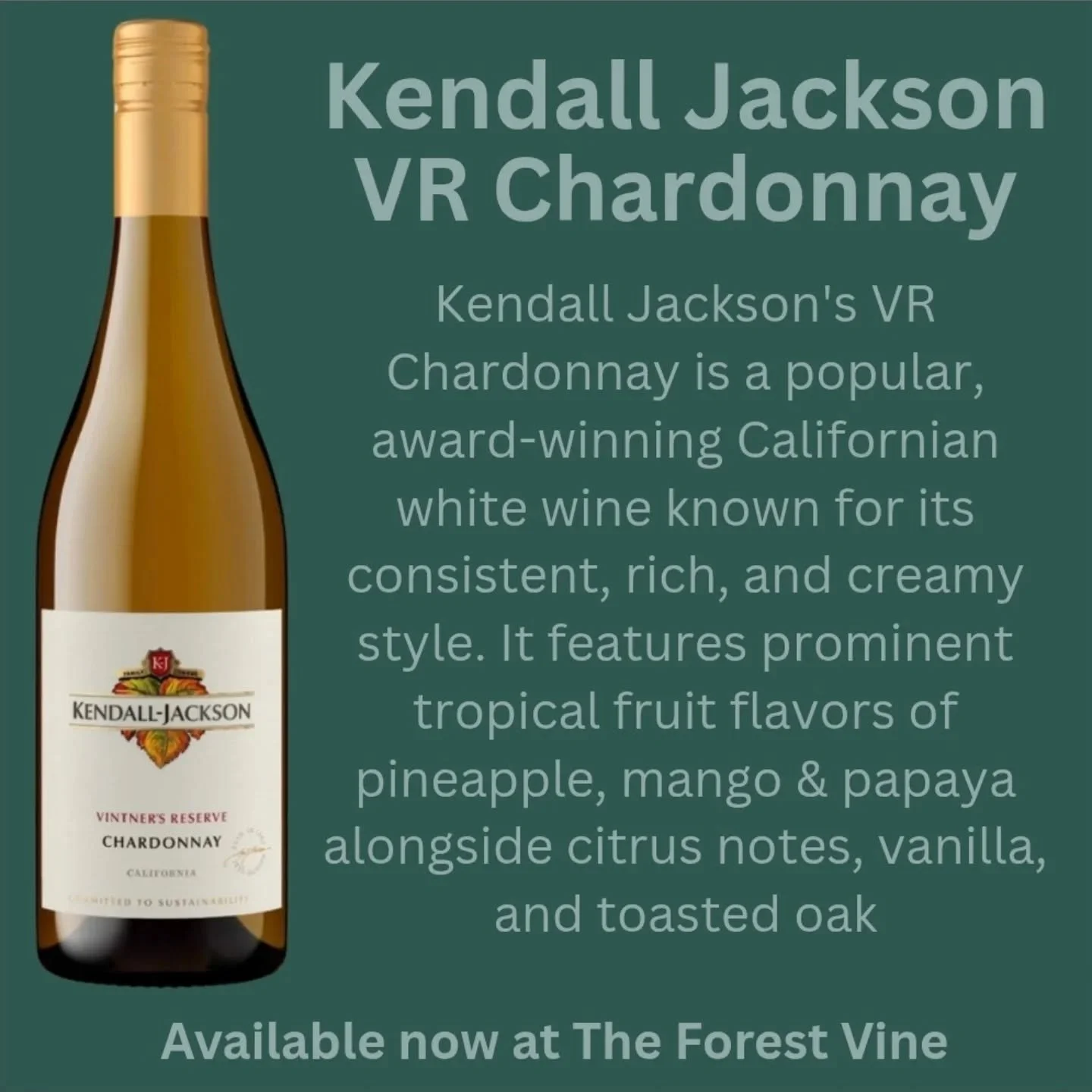 Final run on this popular American Chardonnay! We only have a few bottles left. On sale now! @kjwines
.
.
#theforestvine #american #chardonnay #kendalljackson #vintnersreserve