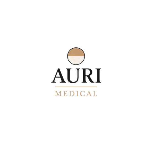 Logo with a black background featuring a beige circle at the top, the word 'AURI' in large dark font, and smaller text beneath that is unclear.
