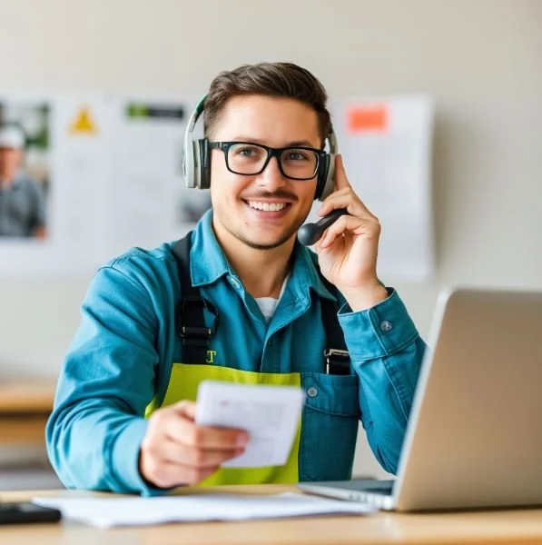 A smiling man wearing glasses and a blue work shirt with a yellow apron, sitting at a desk with a laptop, holding a receipt, and speaking into a headset.