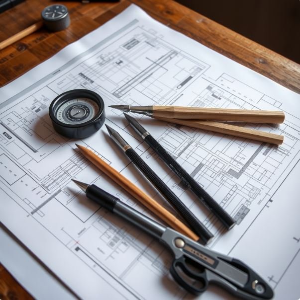 Architectural blueprint with pens, a scale, and a tape measure on a wooden table.