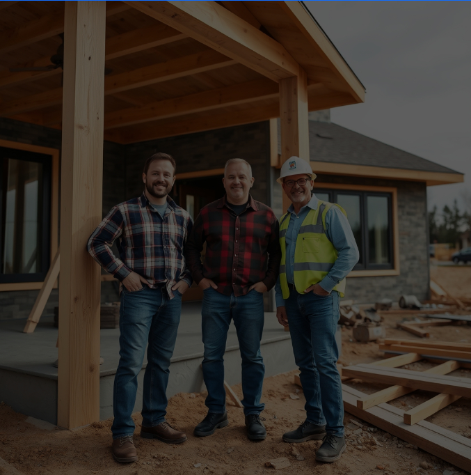 Three men standing in front of a house under construction, smiling, with wood framing and building materials around them.