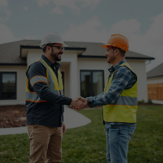 Two construction workers shaking hands outside a house, both wearing safety helmets and reflective vests.