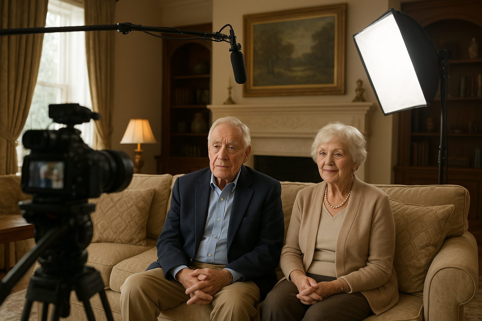 An elderly man and woman sitting on a beige couch in a cozy living room, being filmed with professional lighting and audio equipment.