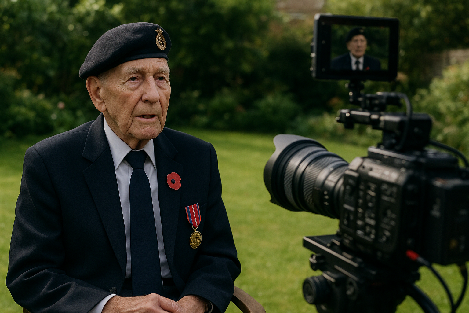 An elderly man in military attire being filmed outdoors, wearing a suit with medals, including a poppy pin on his lapel, and sitting in front of a camera.