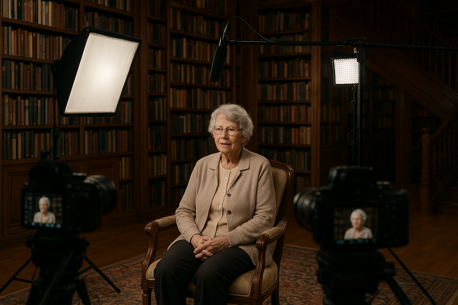 An elderly woman with glasses and gray hair, wearing a beige cardigan, sits in a wooden armchair in front of a backdrop of wooden bookshelves filled with books. She is being recorded in a studio setting with professional lighting and cameras, with a boom microphone overhead.