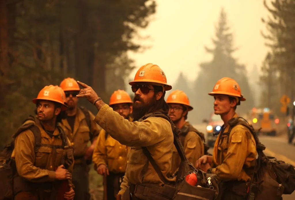 A group of firefighters wearing orange helmets and yellow protective gear talking in a forested area during the daytime, with some cars visible on a road in the background.
