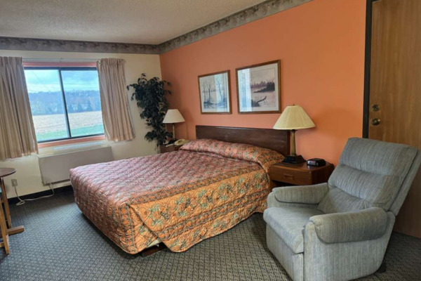 Hotel room with a bed, a window with curtains, a small table, a potted plant, two wall pictures, a nightstand with a lamp and alarm clock, and a gray armchair.