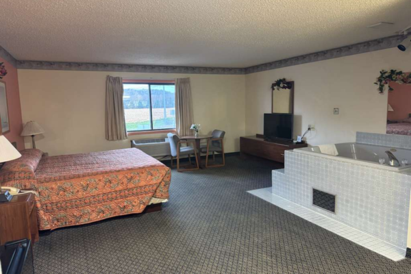 Hotel room with a bed, a window with curtains, a small table with two chairs, a TV on a stand, and a built-in jacuzzi tub.