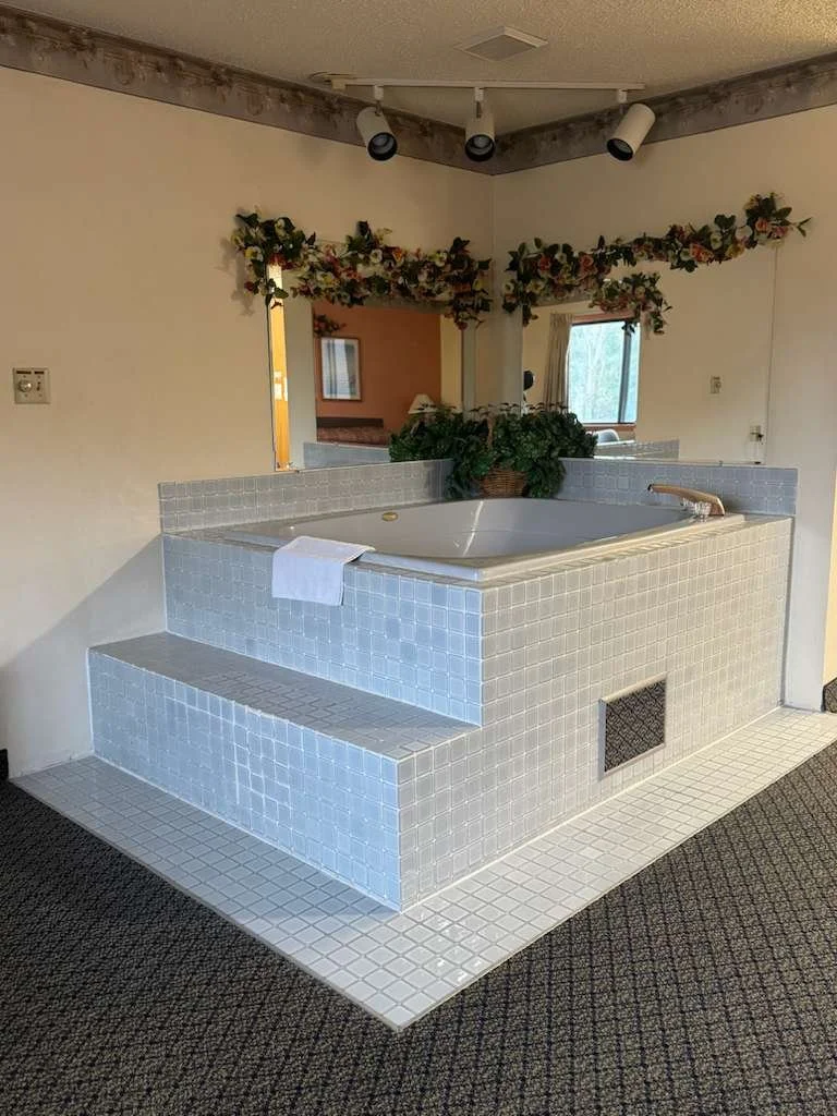 A white tiled Jacuzzi tub with steps, located indoors on a dark carpeted floor, with a mirror, leafy plant, and floral decorations in the background.