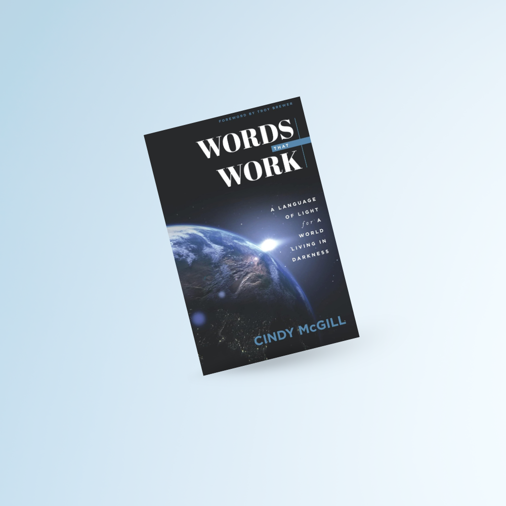 Book titled "Words That Work" by Cindy McGill, featuring an image of Earth from space on the cover with a space-themed background.