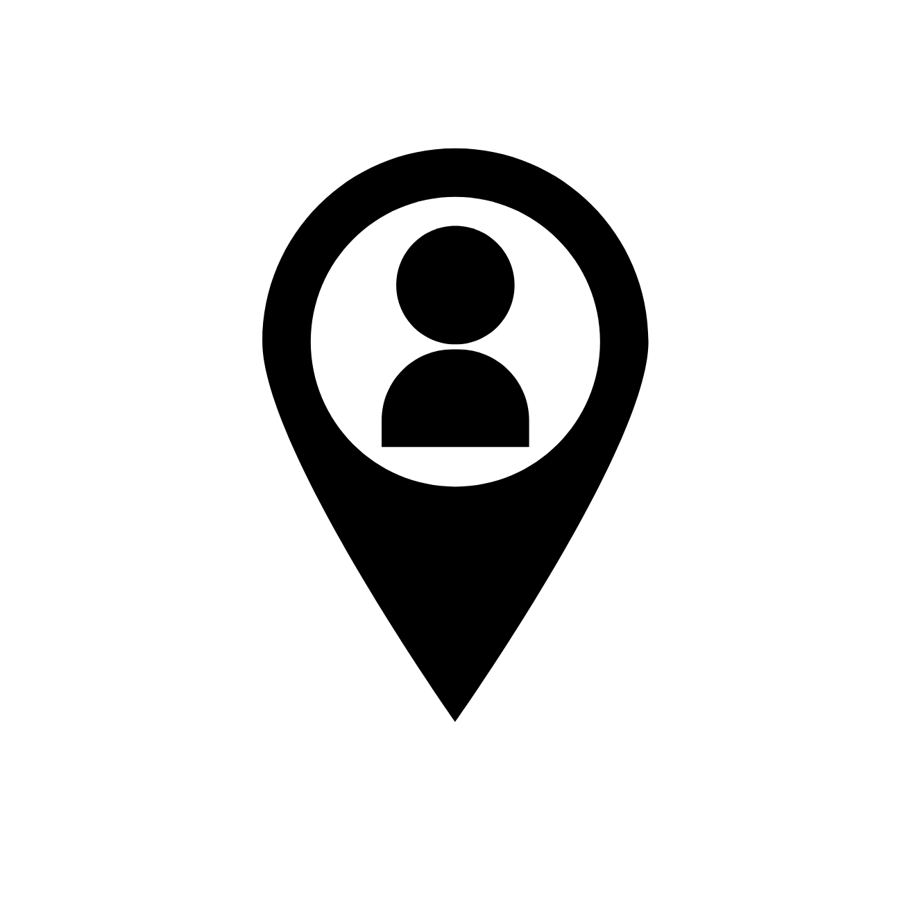 Black background with a white location pin icon containing a person silhouette.