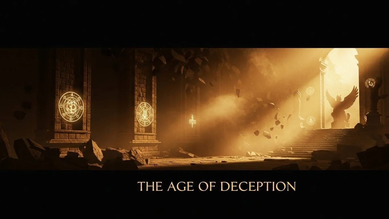 Dark scene of a ruined temple with broken stairs, statues, and glowing symbols on the walls, labeled 'The Age of Deception'.