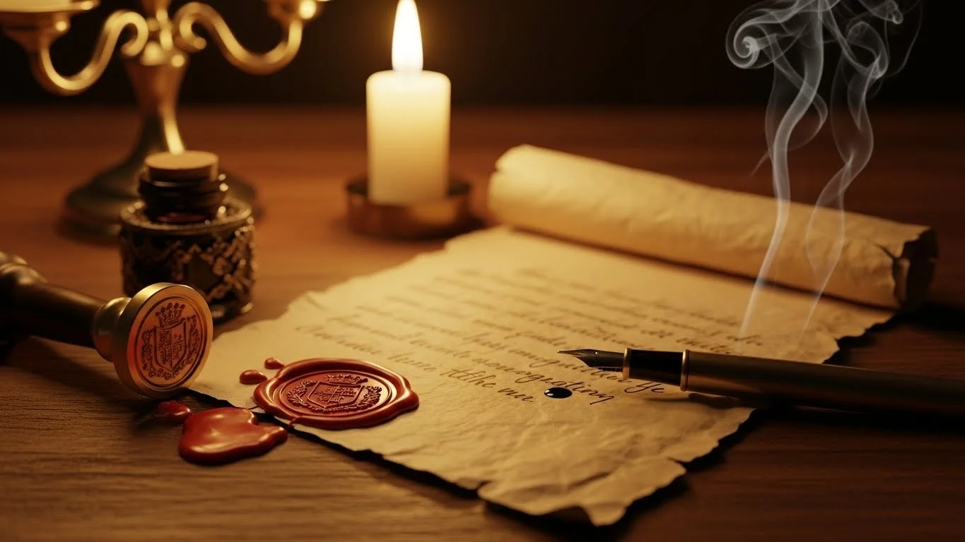 A handwritten letter on parchment paper with a fountain pen resting on it, sealed with red wax stamps, beside a lit candle, ink bottle, and a vintage wax seal stamp, all on a wooden surface.
