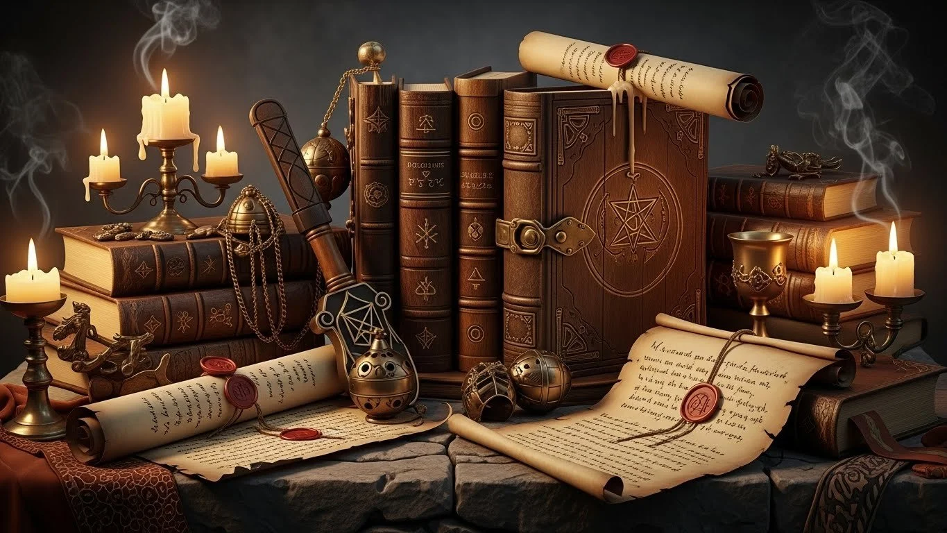 A mystical collection of magical books, scrolls, candles, and occult artifacts including a dagger, a pentagram book lock, and a cauldron, all arranged on a stone surface with a dark background.