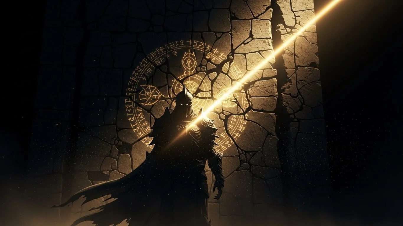 Dark armored figure standing in front of a cracked stone wall with glowing golden symbols and a bright golden beam of light crossing diagonally.