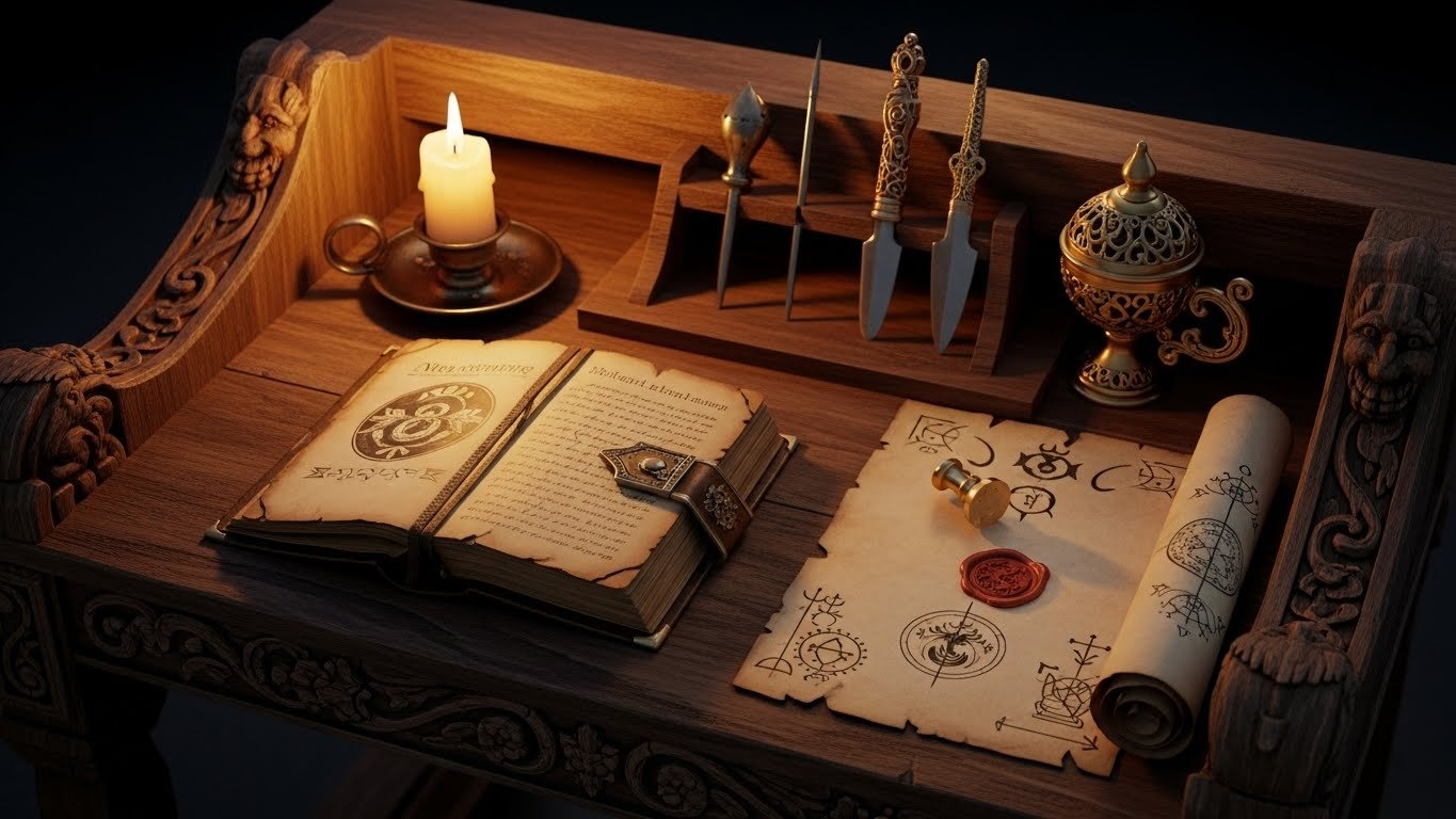 A wooden table with intricate carvings of faces and patterns. On the table are old, magical-looking scrolls, an open ancient book with a leather strap, a wax candle, a set of three old-fashioned swords, a decorative ornate container, and handwritten scrolls with mystical symbols and diagrams.