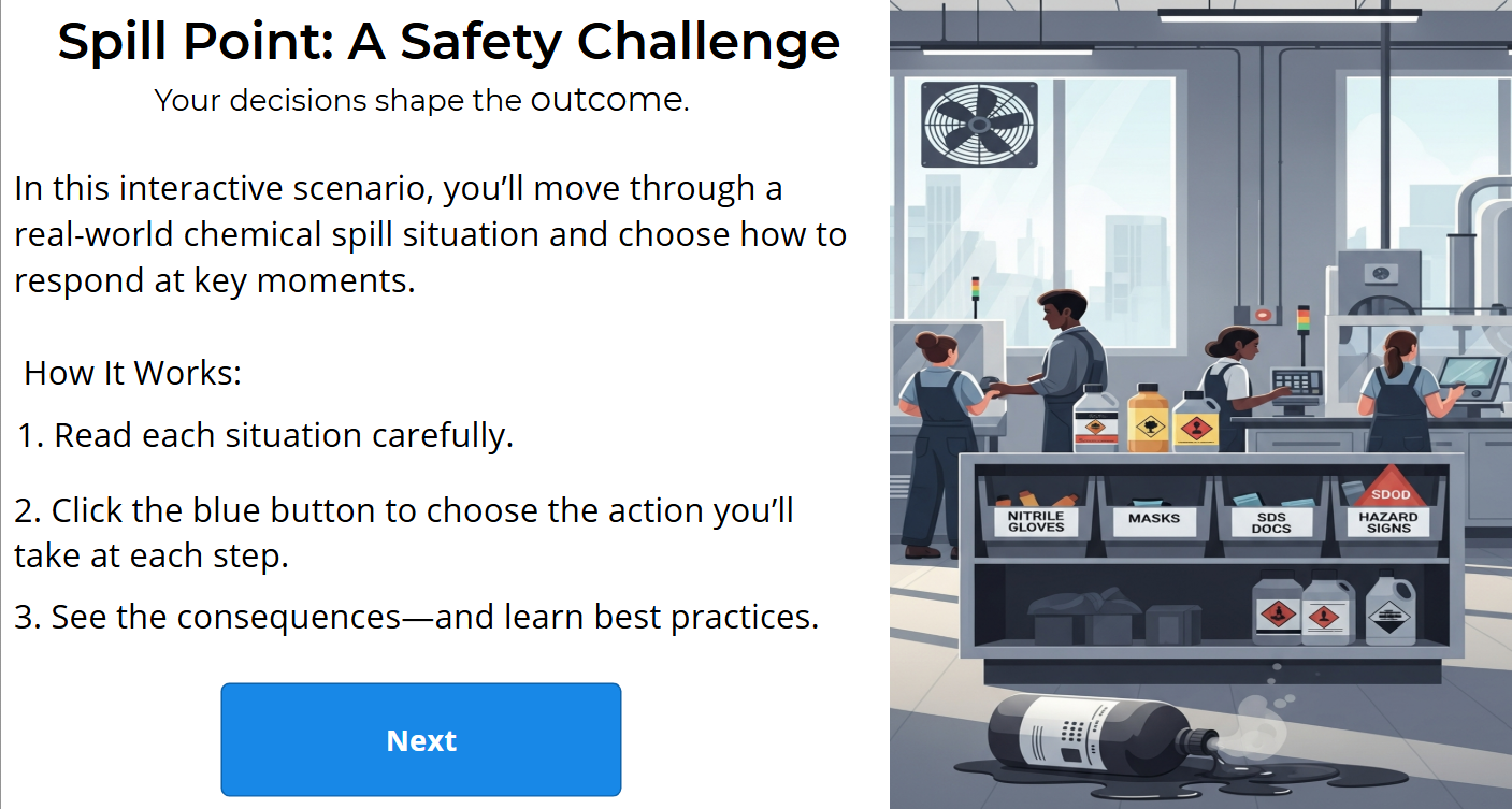 Spill Point Safety Challenge activity. Click to explore the interactive scenario