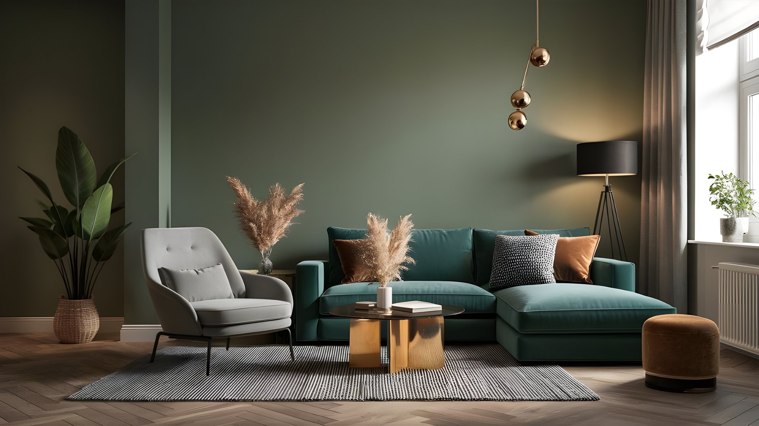 Living room with dark green wall, teal sofa, gray armchair, black and gold coffee table, various throw pillows, large green plant, table lamp, hanging ceiling lights, and window with curtains.