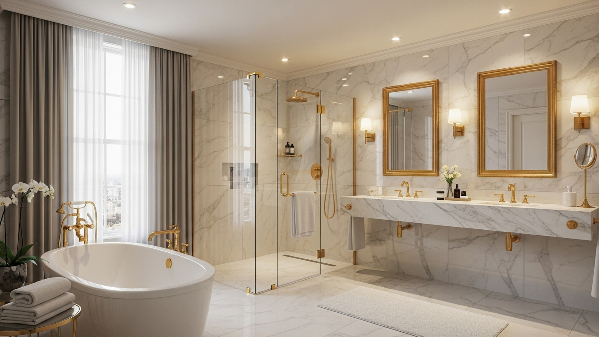 Luxurious bathroom featuring a large white bathtub with gold fixtures, a walk-in glass shower with gold accents, two gold-framed mirrors above a marble double vanity, and elegant wall sconces.