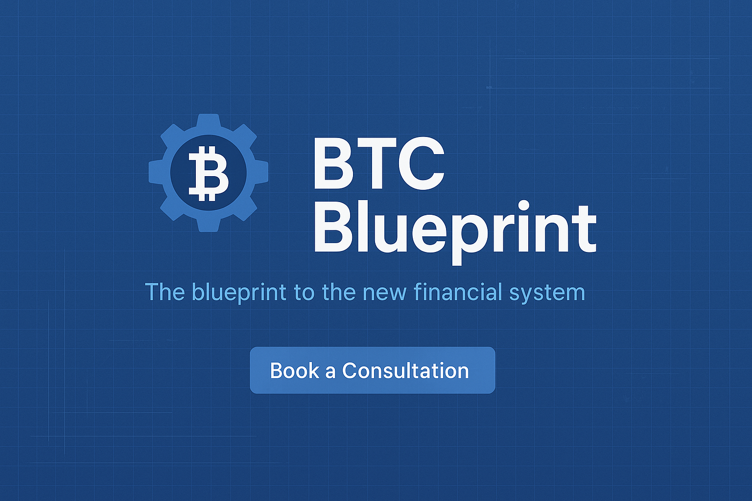 Blue digital graphic for BTC Blueprint, featuring a gear icon with a Bitcoin symbol inside, text stating 'BTC Blueprint' and 'The blueprint to the new financial system,' and a call-to-action button that reads 'Book a Consultation.'