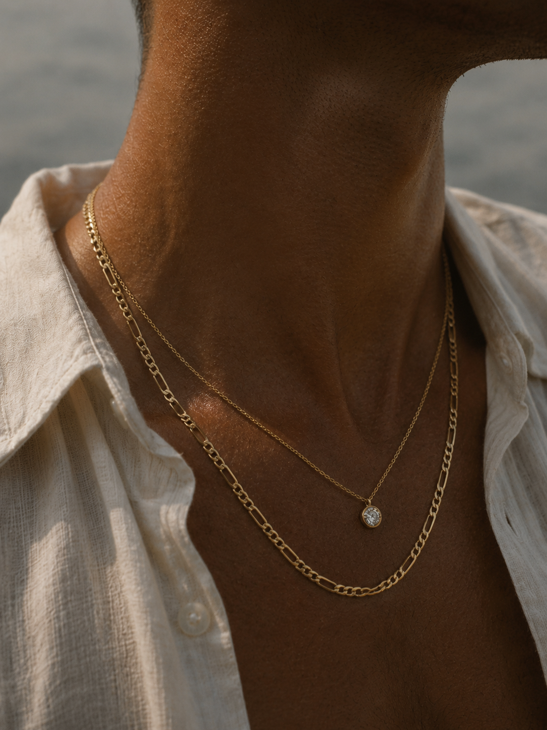 Close-up of a person's neck and chest wearing layered gold necklaces, with a white open-collared shirt.